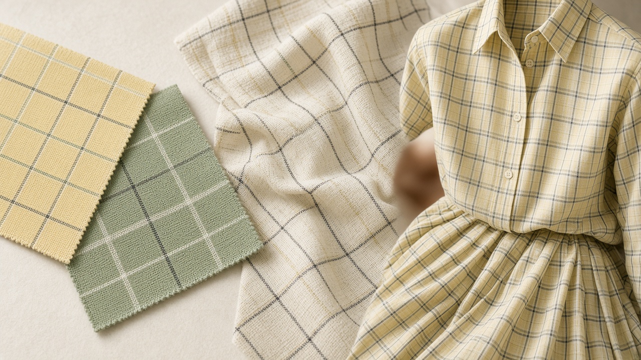 Woven check swatches beside a yellow plaid shirt