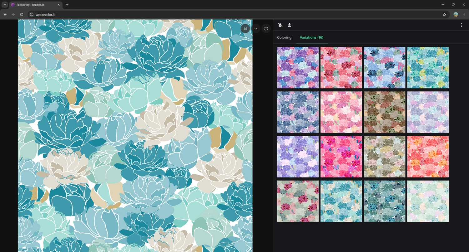 Multiple Recolor.io colorways generated from one textile design