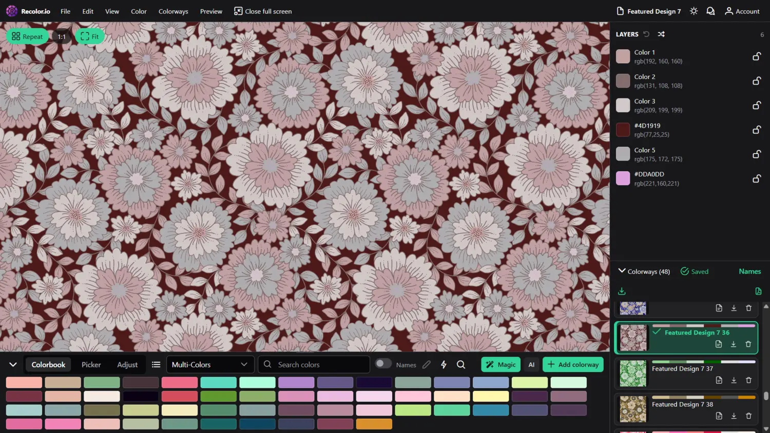 Recolor.io coloring a textile design with palettes and colorway tools